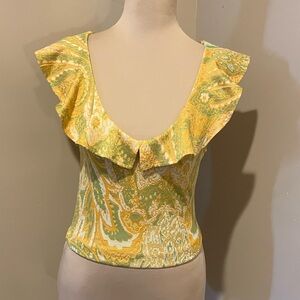 Zara Paisley Ruffle Jacquard Deep Scoop Neck, Crop Blouse Yellow & Green, Small